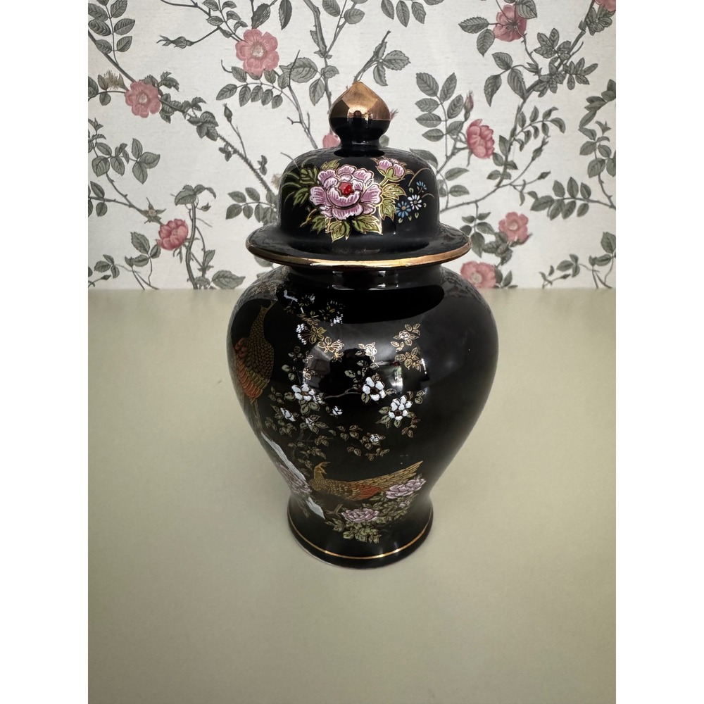 Vintage MCO Japan Black Ginger Jar 7" Chinoiserie Bird Floral Vase